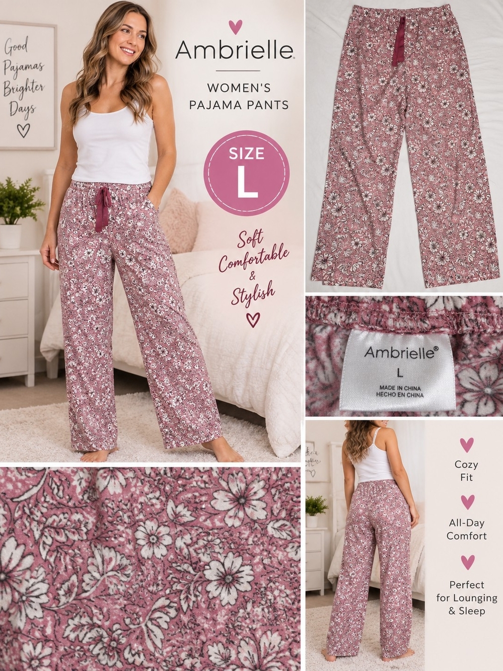 Ambrielle women's large pink floral pajama pants #33